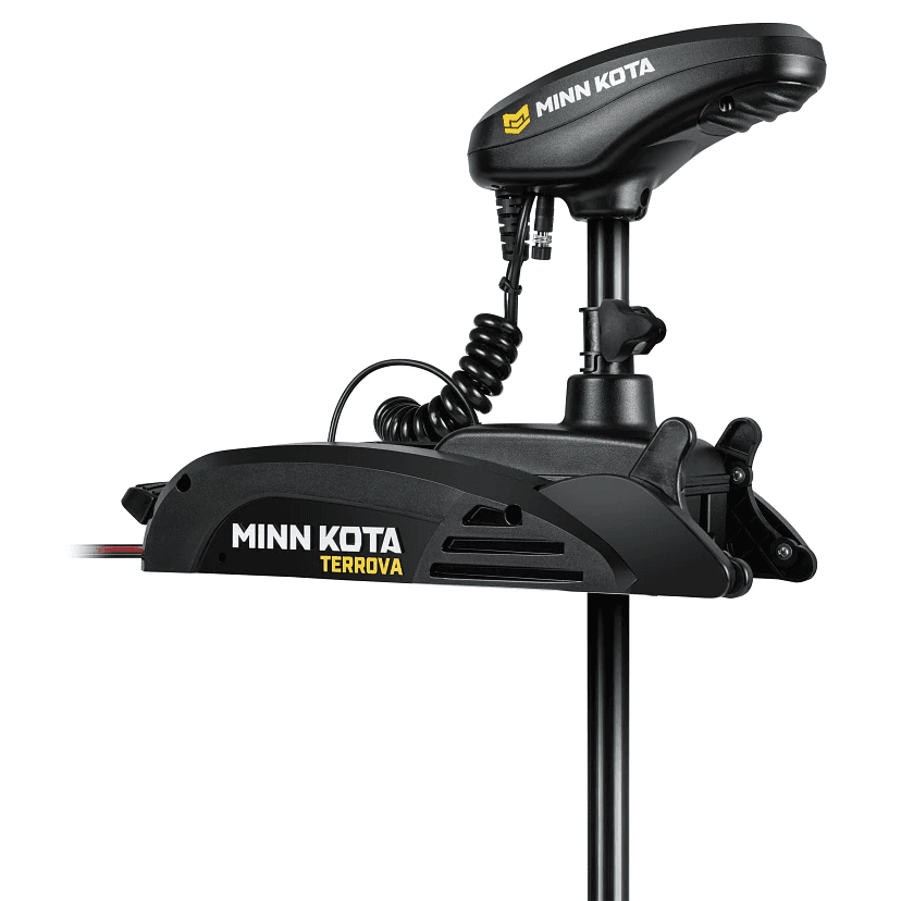 Minn Kota Terrova trolling motor in black with yellow branding on white background