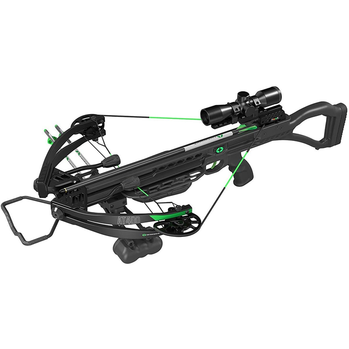 CenterPoint AT400 affordable crossbow package with scope, crank, quiver, and carbon arrows